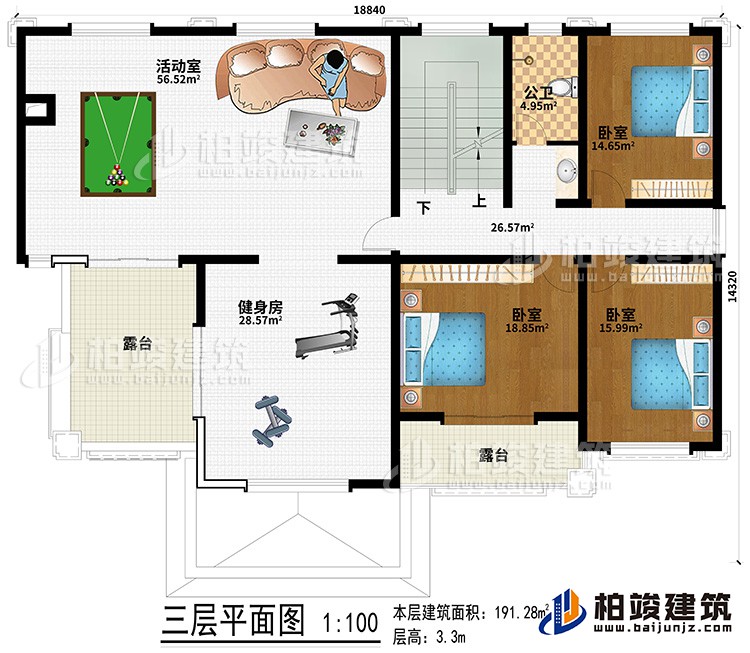 三层：健身房、活动室、3卧室、公卫、２露台