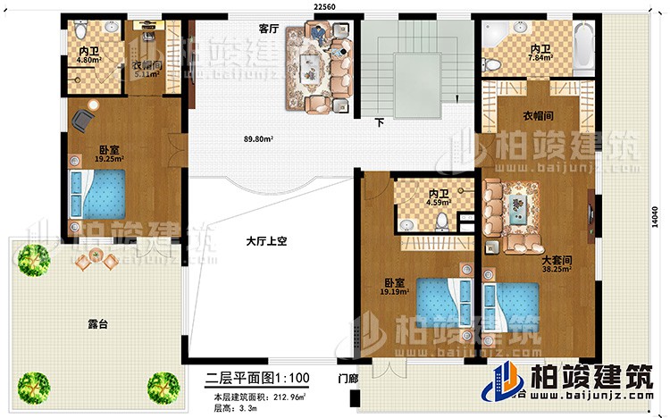 二层：客厅，大套间带内卫和衣帽间，单间带内卫，中套间带内卫和衣帽间，2露台，楼梯