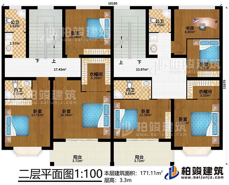 二层：2衣帽间、2内卫、2公卫、书房、6卧室、2阳台