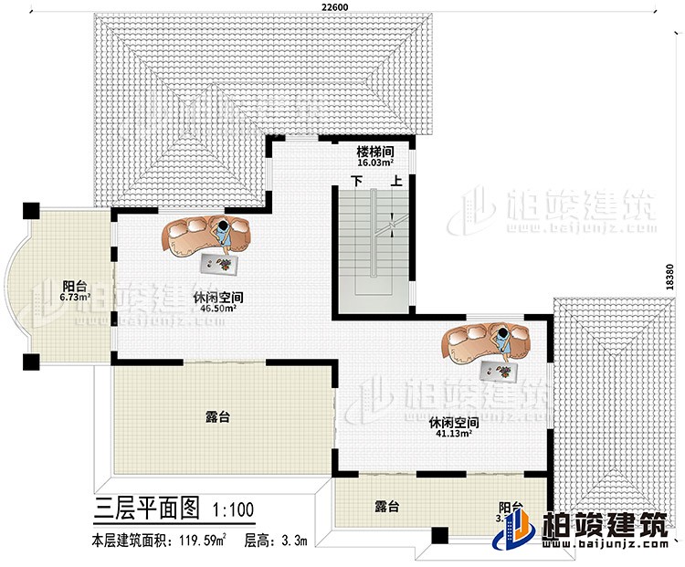 顶层：2休闲空间、2露台、2阳台、楼梯间