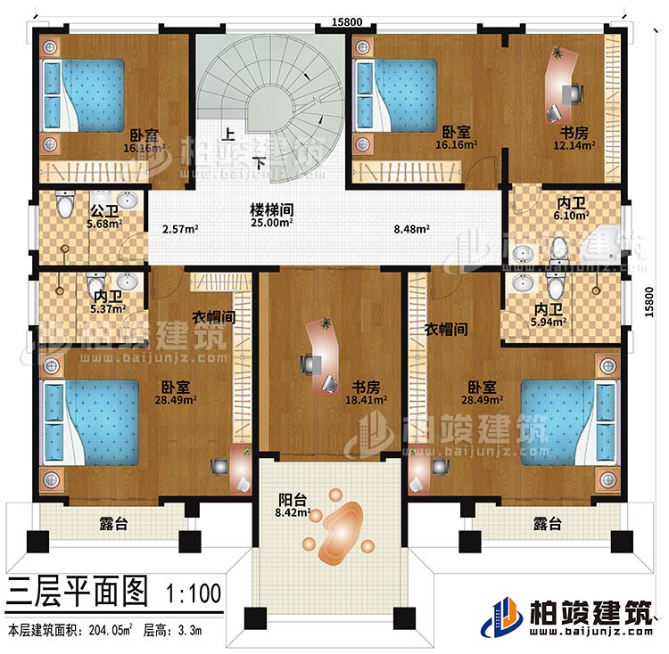 三层：楼梯间、4卧室、2衣帽间、2书房、公卫、3内卫、2露台、阳台