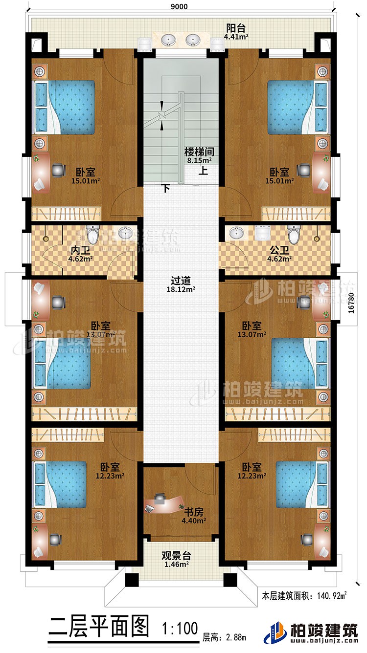 二层：6卧室、过道、楼梯间、书房、观景台、公卫、内卫、阳台