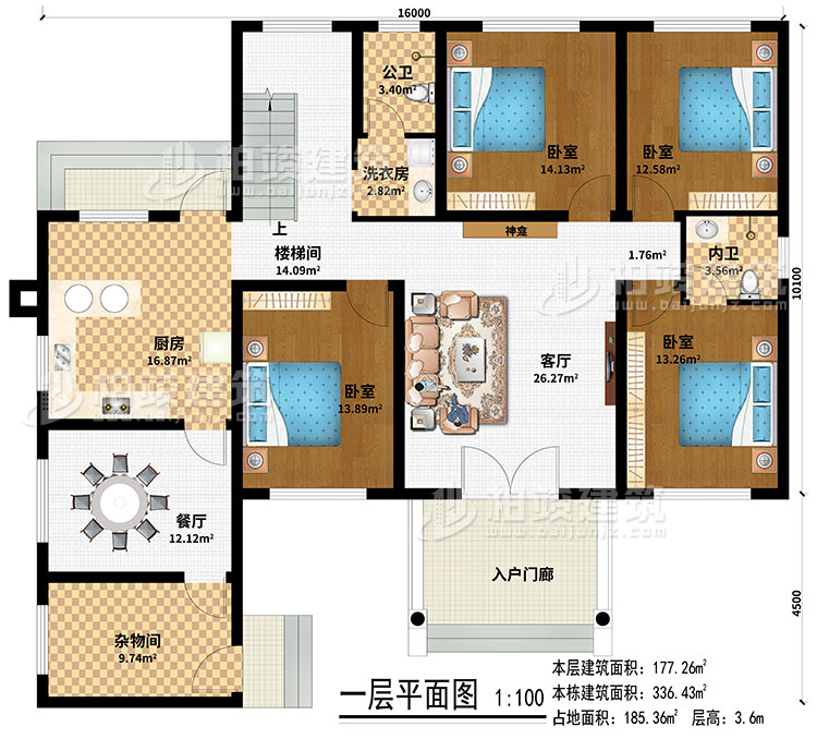一层：入户门廊、客厅、神龛、楼梯间、厨房、餐厅、杂物间、4卧室、洗衣房、公卫、内卫